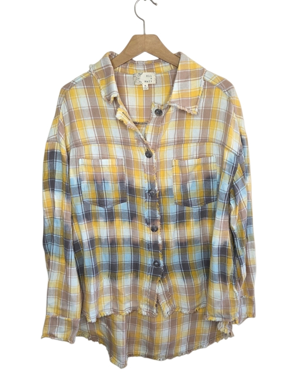 Oli & Hali Mustard Yellow Blue Plaid Button Front Shirt Shacket Frayed Edges